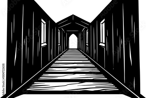 Image of old wood panelled corridor in scary dark interior