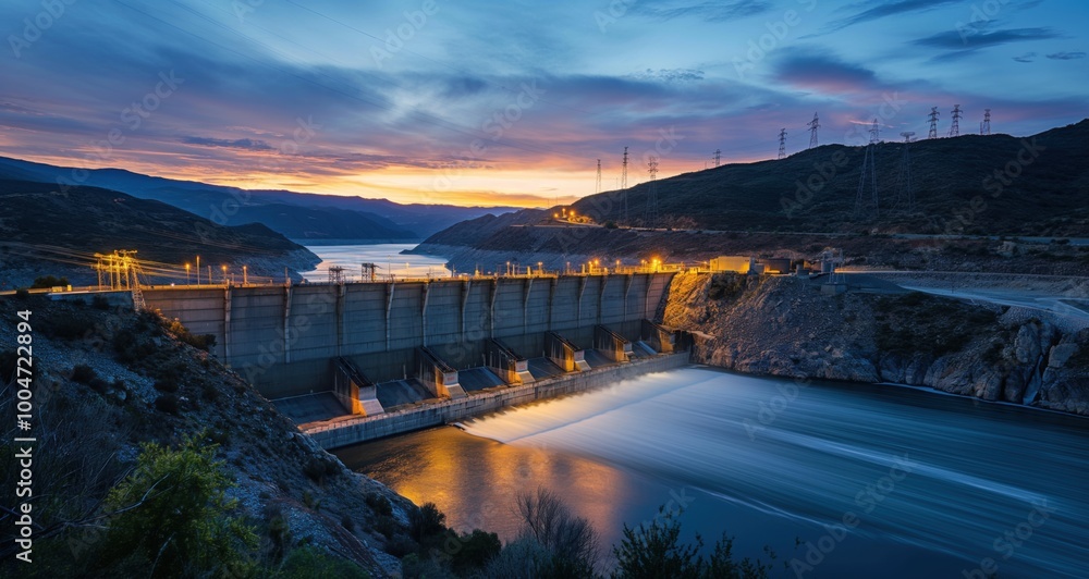 Obraz premium Large dam with a body of water behind it. The water is calm and the sky is orange and pink
