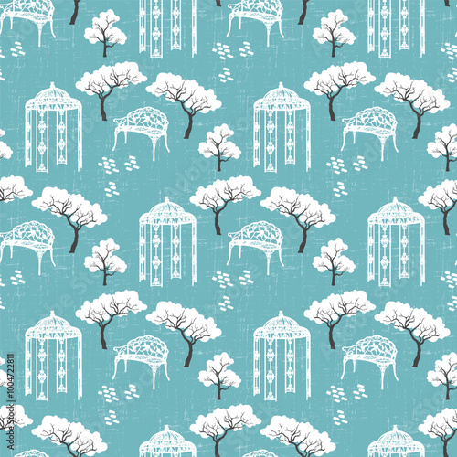 Vintage secret garden Toile de jouy pastel blue Vector Pattern. Romantic retro gazebo and bench, fluffy white trees seamless pattern.