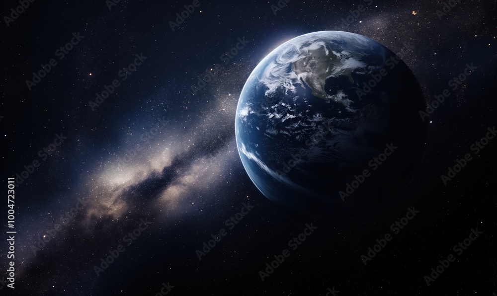 Naklejka premium Large planet is floating in space with a milky way in the background. The planet is surrounded by a lot of stars and the milky way is also filled with stars. Concept of vastness and emptiness