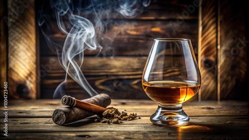 Richly toned whiskey fills a elegant Glencairn glass, resting on a rustic wooden background, surrounded by subtle hints of cigar smoke and sophistication. photo