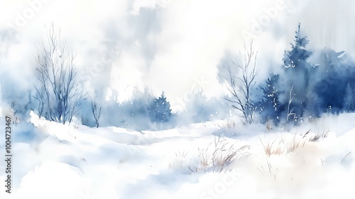 Watercolor Postcard of Snowstorm Sweeping Across a Snowy Field, Muted Blues and Whites, Soft and Dynamic Brushwork, Cold and Windy Atmosphere