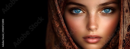 A young Middle Eastern girl with blue eyes wearing a hijab