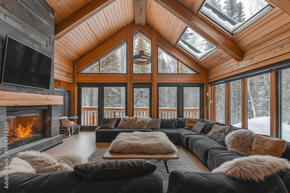 Fototapeta premium Cozy modern living room with large windows and fireplace on a snowy winter day 