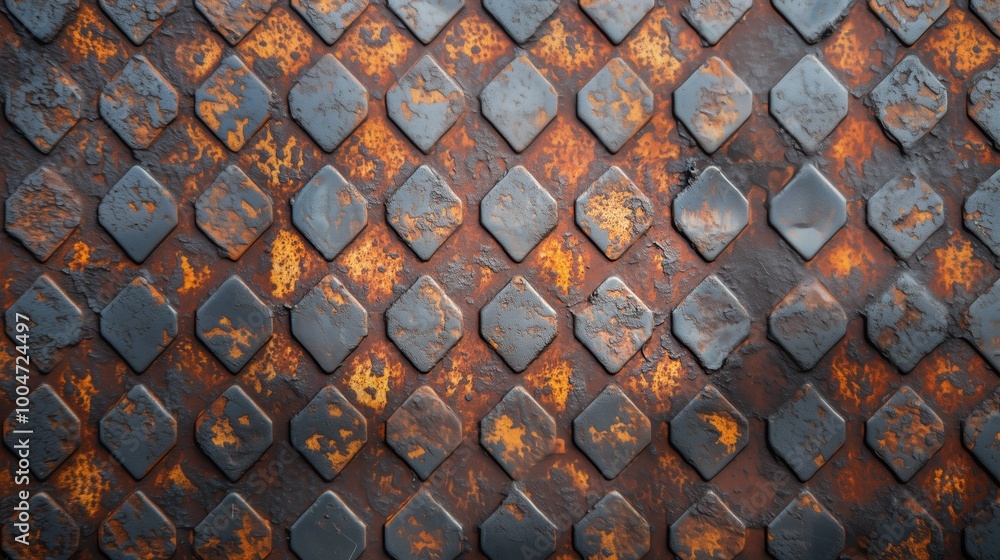 The image is of a rusted metal surface with a pattern of squares. The surface is old and worn, giving it a sense of history and character. The pattern of squares is irregular and uneven The image is of a rusted metal surface with a pattern of squares. The surface is old and worn, giving it a sense of history and character. The pattern of squares is irregular and uneven
