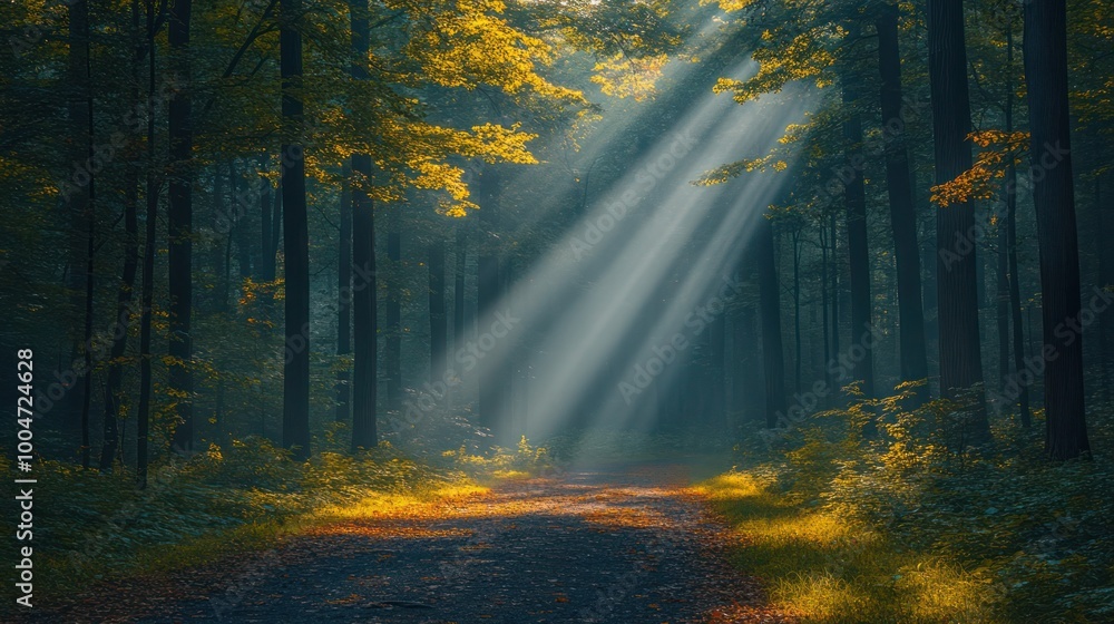 Magical Autumn Forest with Misty Fog, Sunlit Foliage & Serene Path – Enchanting Landscape Photo of Green Trees, Vibrant Fall Colors, and Scenic Timberland at Dawn Magical Autumn Forest with Misty Fog, Sunlit Foliage & Serene Path – Enchanting Landscape Photo of Green Trees, Vibrant Fall Colors, and Scenic Timberland at Dawn