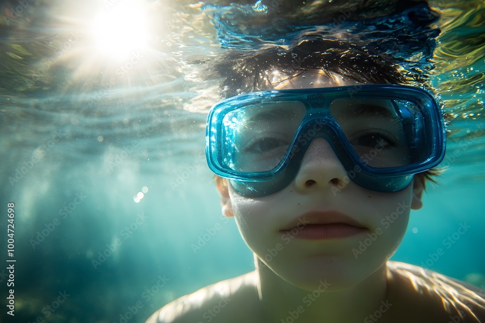 Fototapeta premium young boy snorkeling in clear blue water