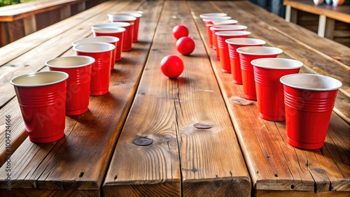 Classic red solo cups and beer pong table scattered with Ping-Pong balls and empty beer cans on a worn wooden fraternity house table.
