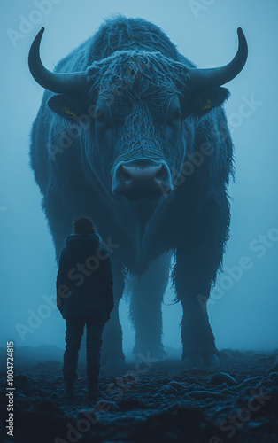  Surreal scene of a massive, fur-covered bull standing near a misty shoreline with a lone figure, creating a dramatic and tranquil atmosphere in a foggy landscape. photo