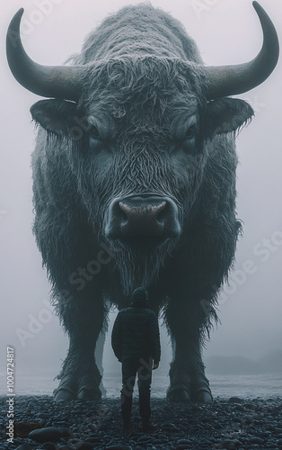  Surreal scene of a massive, fur-covered bull standing near a misty shoreline with a lone figure, creating a dramatic and tranquil atmosphere in a foggy landscape. photo