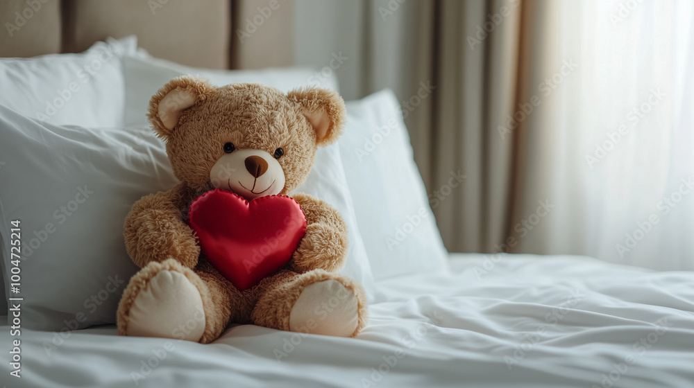 Teddy bear holding a red heart, sitting on a bed with soft white pillows, symbolizing love, warmth, and comfort in a cozy setting. Teddy bear holding a red heart, sitting on a bed with soft white pillows, symbolizing love, warmth, and comfort in a cozy setting.