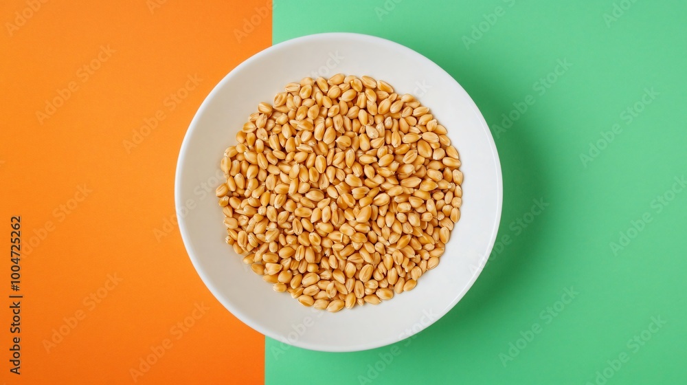 Golden wheat berries arranged in a neat pattern on a white ceramic plate, with a bright neon orange and green background Golden wheat berries arranged in a neat pattern on a white ceramic plate, with a bright neon orange and green background