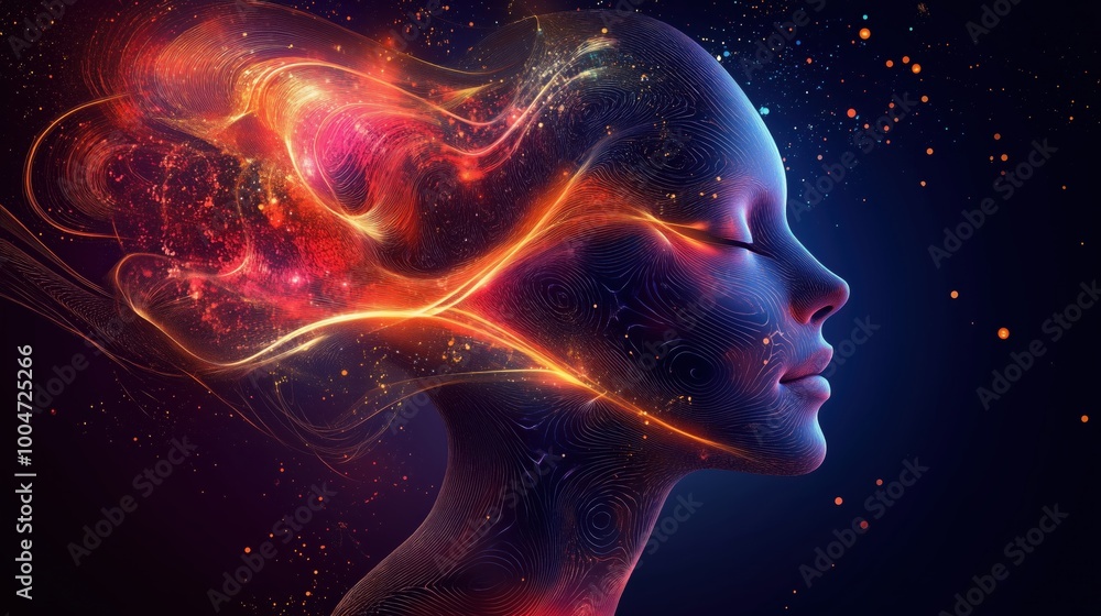Woman's face is shown in a colorful, abstract style. The image is a representation of the idea of the human mind and its complexities. The bright colors and swirling patterns evoke a sense of energy Woman's face is shown in a colorful, abstract style. The image is a representation of the idea of the human mind and its complexities. The bright colors and swirling patterns evoke a sense of energy