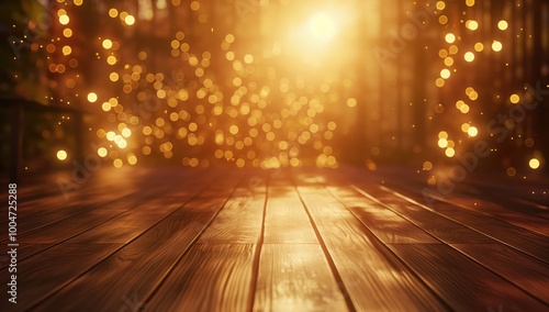 Wooden floor with a bright sun shining through the window. The sun is casting a warm glow on the floor, creating a peaceful and serene atmosphere