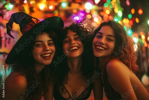 three smiling women in halloween costumes