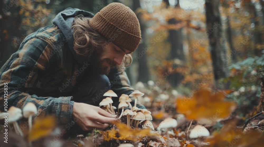 Man foraging or gathering for mushrooms in the wild forest. Concept of wild mushroom picking Man foraging or gathering for mushrooms in the wild forest. Concept of wild mushroom picking