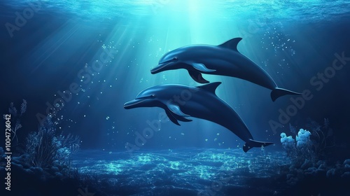 Two dolphins swimming gracefully in the deep ocean, surrounded by a serene underwater environment.