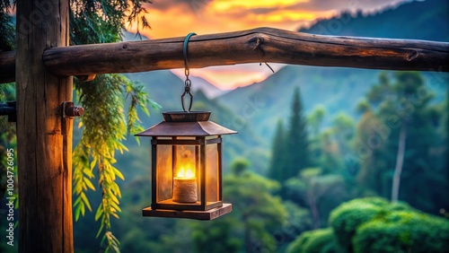 Traditional Asian-style lantern hangs from a rustic wooden beam, casting a warm glow on a tranquil forest background at dusk. photo