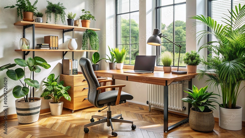 Obraz premium Modern home office setup with wooden desk, ergonomic chair, and organized workspace, surrounded by plants, notebooks, and a laptop, conveying comfort and productivity.