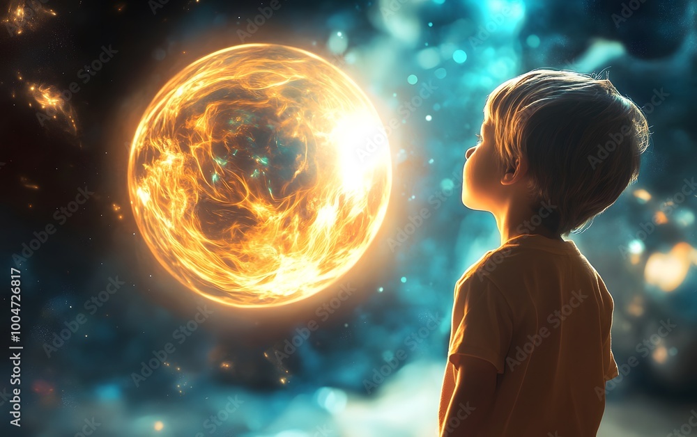 A curious child gazes at a glowing celestial body, surrounded by a vibrant cosmic backdrop full of stars and mysteries. A curious child gazes at a glowing celestial body, surrounded by a vibrant cosmic backdrop full of stars and mysteries.