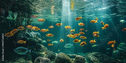 A school of colorful fish swim in a tranquil underwater scene, rays of sunlight filtering through clear water. photo