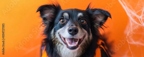 Adorable dog wearing halloween costume smiling on orange background photo