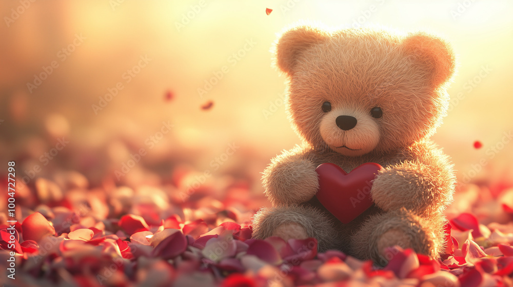 Fototapeta premium Teddy bear with a red heart surrounded by falling rose petals, creating a dreamy and romantic atmosphere, perfect for expressing love and affection.