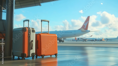 Two suitcases are positioned at an airport with an airplane in the background.