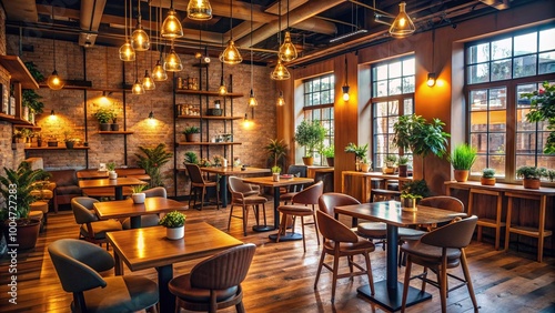 Cozy coffee shop ambiance with empty chairs and tables  warm lighting  and tasteful decor  evoking a sense of community and social connection.