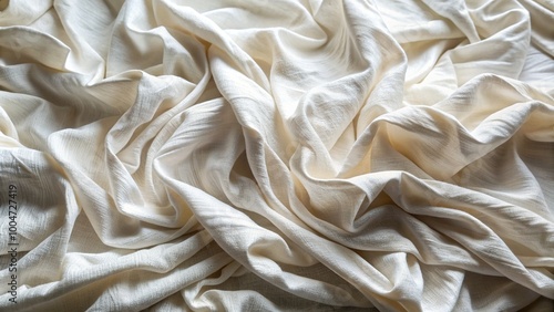 Softly lit, high-contrast image of crumpled white fabric with intricate texture, folds, and wrinkles, showcasing a beautiful, organic, and natural material pattern.