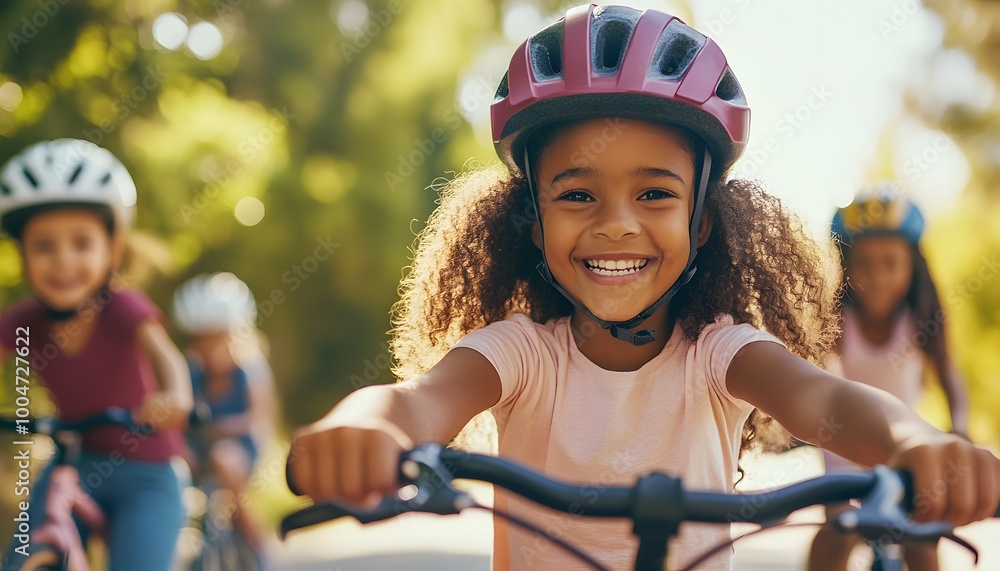 A happy girl riding a bicycle in a sunny park, showcasing joy and friendship with other children in the background. A happy girl riding a bicycle in a sunny park, showcasing joy and friendship with other children in the background.