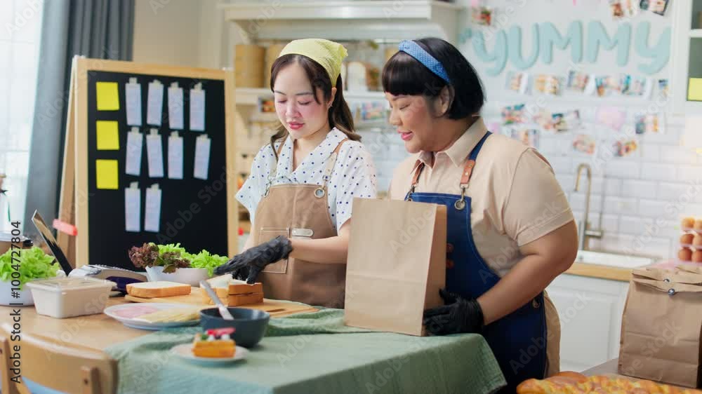 Two beautiful Asian women cooking food, making bread for breakfast and bakery while using tablet, streaming live video clip or taking selfie photo together with happiness and fun in kitchen at home
Two beautiful Asian women cooking food, making bread for breakfast and bakery while using tablet, streaming live video clip or taking selfie photo together with happiness and fun in kitchen at home