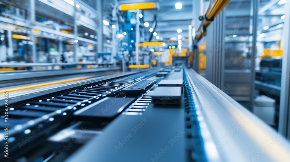 High-tech conveyor belt system efficiently transporting electronic components in a modern manufacturing facility High-tech conveyor belt system efficiently transporting electronic components in a modern manufacturing facility