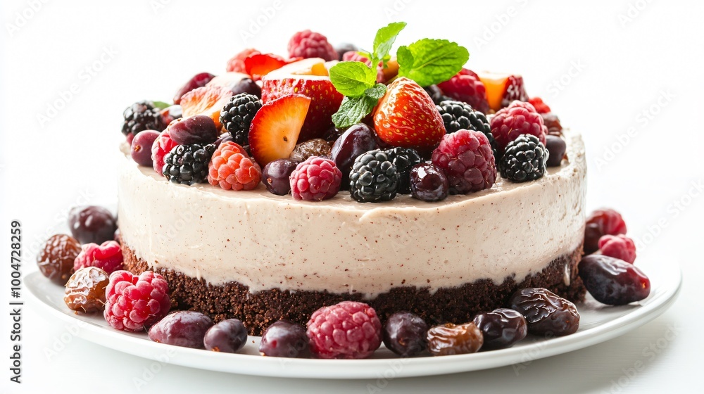 A beautiful raw vegan cake made from cashews and dates, topped with fresh fruit, isolated on a white surface A beautiful raw vegan cake made from cashews and dates, topped with fresh fruit, isolated on a white surface