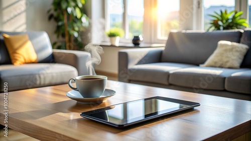A sleek black tablet lies on a modern coffee table surrounded by scattered papers and a cup of steaming coffee in a cozy living room setting.