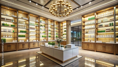 Wallpaper Mural Luxurious pharmacy interior with sleek glass shelves stocked with high-end medications, elegant lighting, and sophisticated decor exuding opulence and refinement. Torontodigital.ca