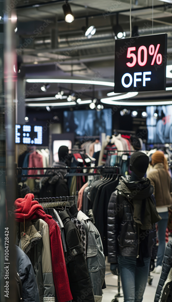 Stylish Winter Clothing Sale with Mannequins and 50% OFF Signs - Black Friday Store Deals Stylish Winter Clothing Sale with Mannequins and 50% OFF Signs - Black Friday Store Deals