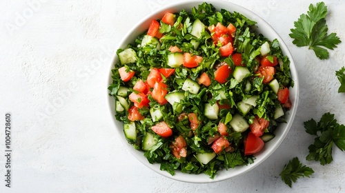 A bowl of raw tabbouleh with fresh parsley, tomatoes, and cucumbers, placed on a clean white surface