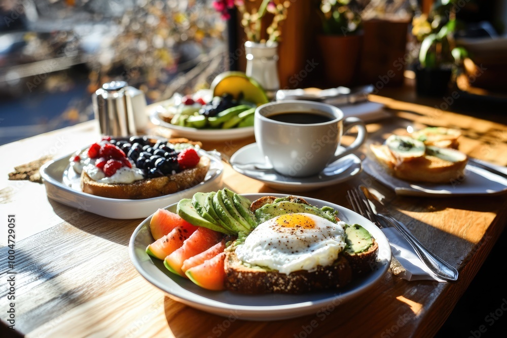 Enjoy a vibrant brunch spread with avocado toast, poached eggs, fresh fruit, and coffee, all arranged beautifully on a wooden table bathed in sunlight Enjoy a vibrant brunch spread with avocado toast, poached eggs, fresh fruit, and coffee, all arranged beautifully on a wooden table bathed in sunlight