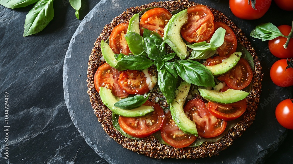A raw food pizza with a dehydrated flaxseed crust, topped with fresh basil, tomatoes, and avocado slices on a slate board A raw food pizza with a dehydrated flaxseed crust, topped with fresh basil, tomatoes, and avocado slices on a slate board