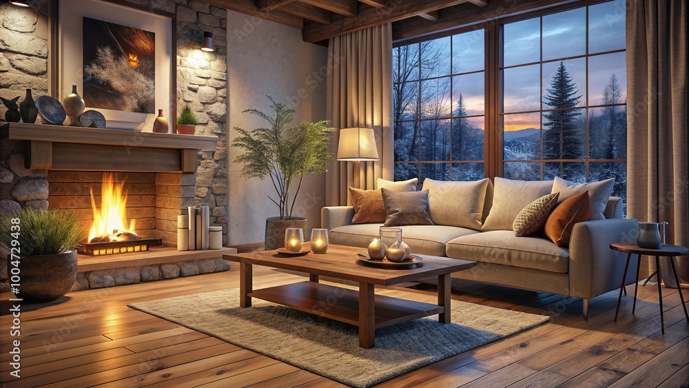 Fototapeta premium Cozy modern living room with warm lighting, comfortable sofa, and rustic wooden coffee table in front of a crackling fireplace on a cold winter evening.