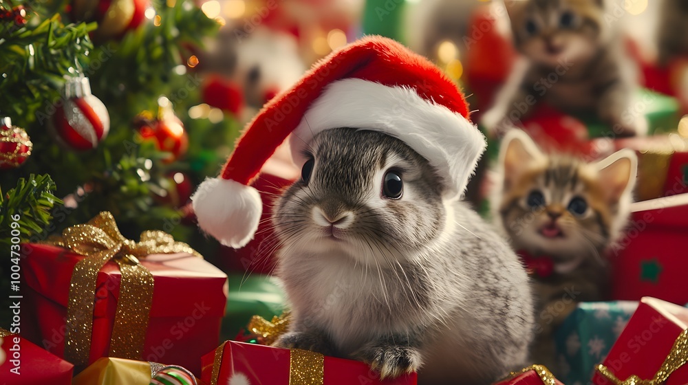 A cute rabbit in a Santa hat surrounded by colorful presents and cheerful kittens wearing Santa hats, with vibrant Christmas trees and big-eyed people smiling in the background A cute rabbit in a Santa hat surrounded by colorful presents and cheerful kittens wearing Santa hats, with vibrant Christmas trees and big-eyed people smiling in the background