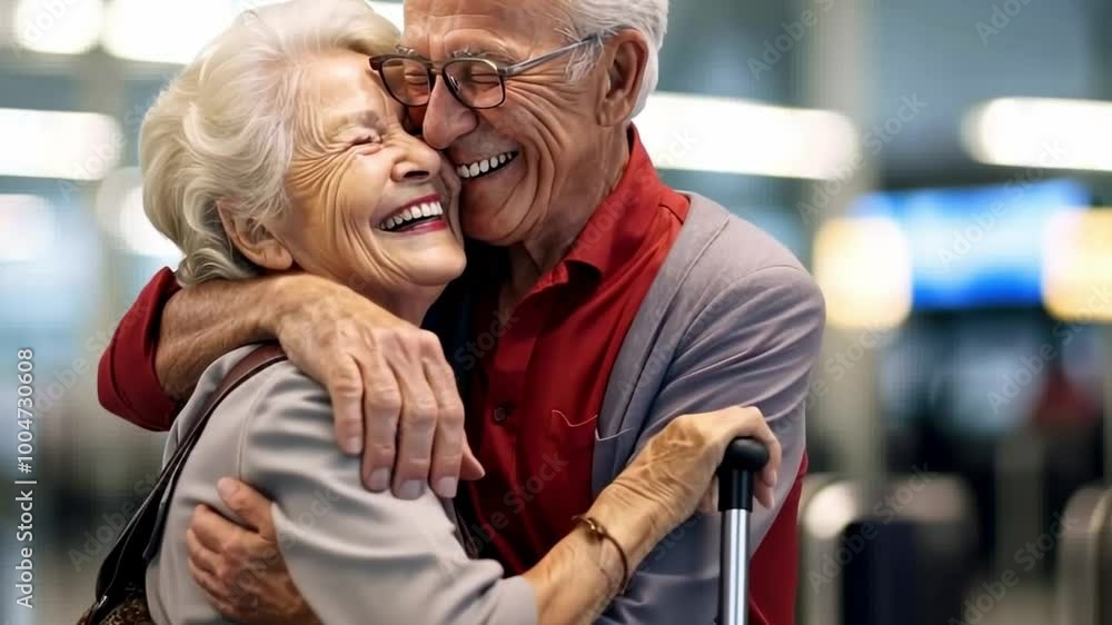Elderly couple sharing joyful embrace at airport, expressing love and happiness. warm and affectionate moment highlights travel, reunion, and beauty of companionship. Elderly couple sharing joyful embrace at airport, expressing love and happiness. warm and affectionate moment highlights travel, reunion, and beauty of companionship.