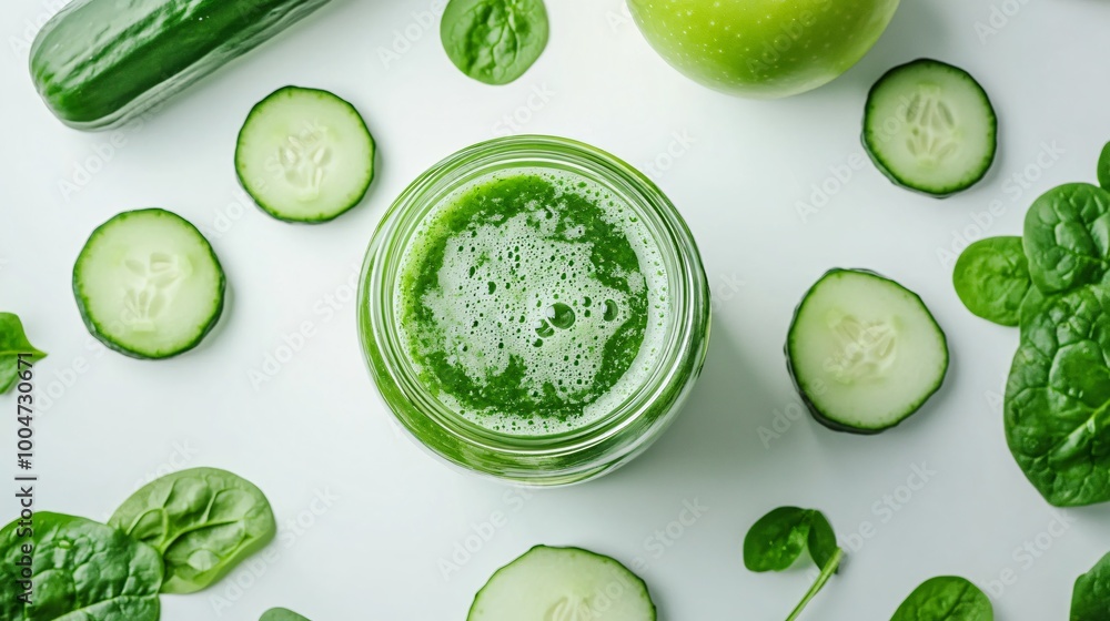 Freshly made raw green juice in a glass jar, surrounded by raw spinach, cucumber, and apples on a white background Freshly made raw green juice in a glass jar, surrounded by raw spinach, cucumber, and apples on a white background