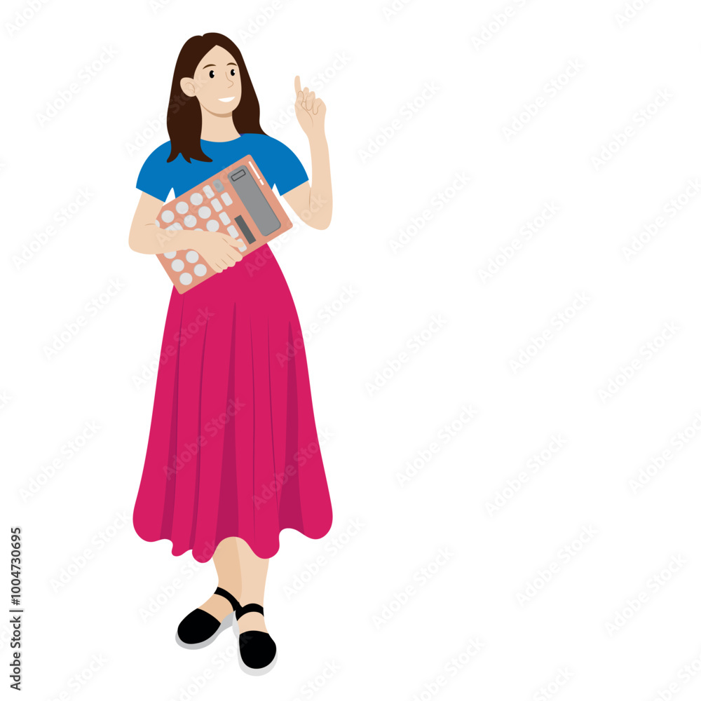 Full length girl with big calculator in one hand, index finger of other hand raised up, isolated on white, flat style, avatar Full length girl with big calculator in one hand, index finger of other hand raised up, isolated on white, flat style, avatar