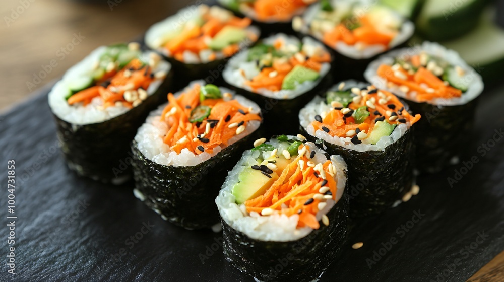 Raw vegetable sushi with shredded carrots, avocado, and cucumber, set on a black ceramic plate Raw vegetable sushi with shredded carrots, avocado, and cucumber, set on a black ceramic plate