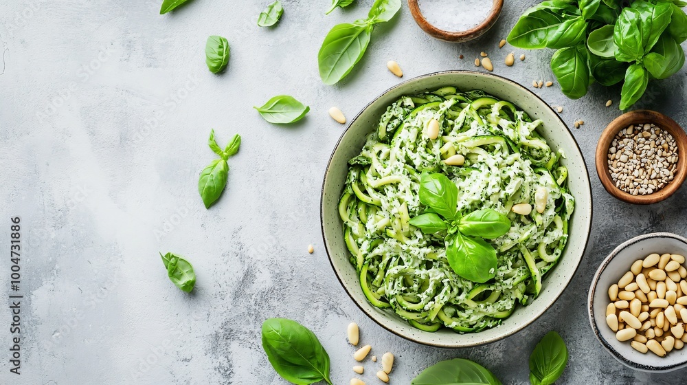Obraz premium Raw zucchini pasta topped with a creamy cashew sauce, fresh basil, and pine nuts on a neutral grey background