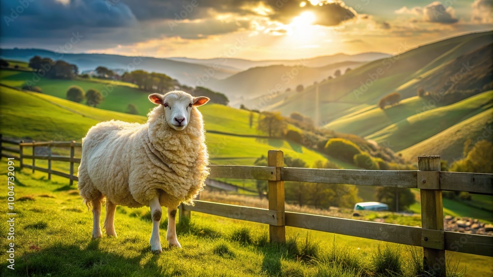 Obraz premium Fluffy white sheep standing alone on a sun-drenched green meadow surrounded by rolling hills and a rustic wooden fence in the countryside.