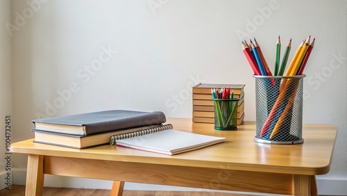 A neatly arranged desk with a stack of books, a pencil case, and a blank notebook waiting for a student's creative writing to unfold.