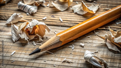 A worn-out wooden pencil with broken tips and scribbles on a crumpled paper, surrounded by scattered eraser scraps, conveying persistence and determination. photo